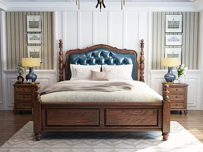 Background Double Bed With Blue Tufted Headboard Wooden Frame Bedside Tables Lamps Vases Striped Wallpaper 3d model