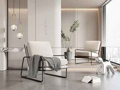 Elegant Single Seater Sofa With Light Fabric And Metal Frame Accompanied By Potted Plant And Decorative Items 3d model
