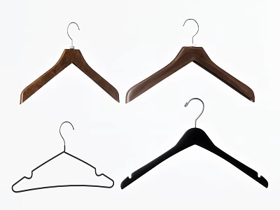Assorted Hangers in Wooden Brown and Black Metal Wire Materials for Clothing 3d model