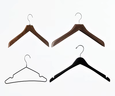 Assorted Hangers in Wooden Brown and Black Metal Wire Materials for Clothing 3d model