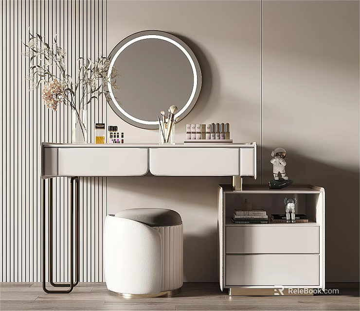 Modern Bedroom Vanity With Round Mirror Matching Stool Decorative Items And Storage Cabinet 3d model