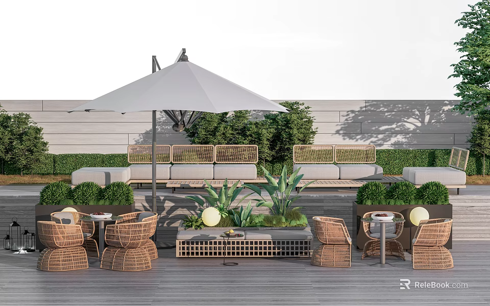 Woven Rattan Outdoor Chairs With Cozy Patio Umbrella Plants And Side Tables 3d model 