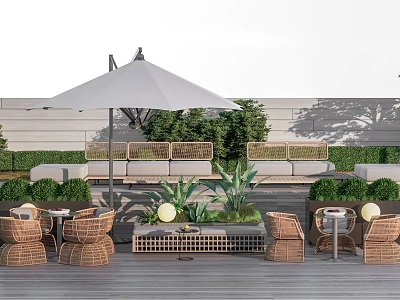 Woven Rattan Outdoor Chairs With Cozy Patio Umbrella Plants And Side Tables 3d model