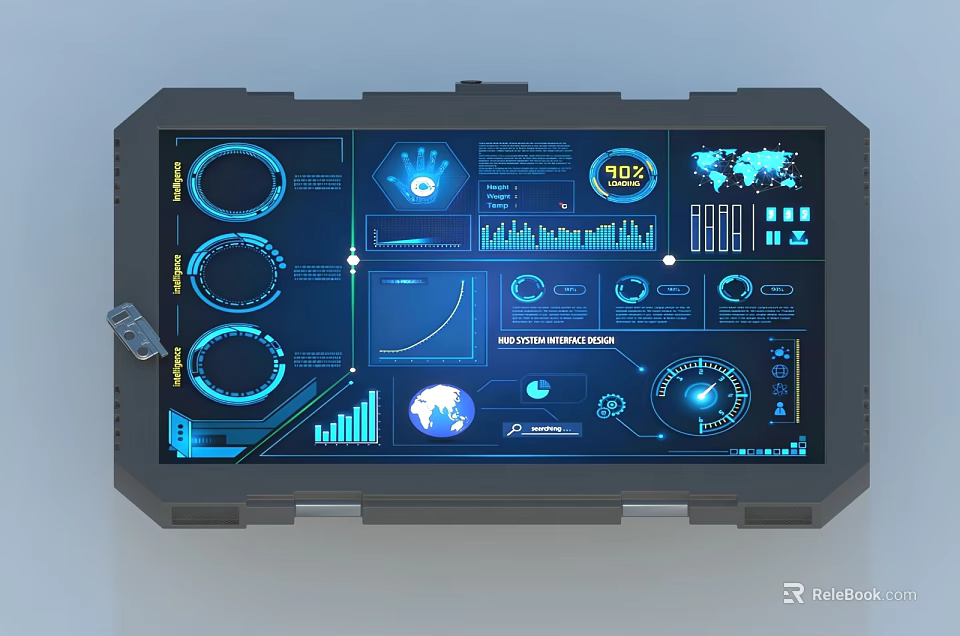 Industrial Touchscreen Computer With Data Dashboard Interface Charts And World Map 3d model 