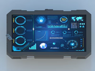 Industrial Touchscreen Computer With Data Dashboard Interface Charts And World Map 3d model