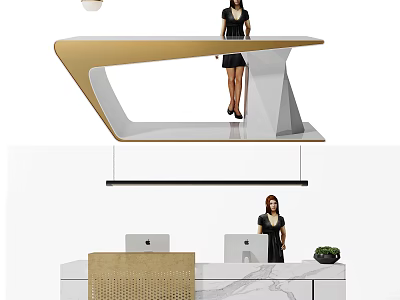 Modern Reception Desk Design With Gold Frame Marble Top And Computer Monitors 3d model