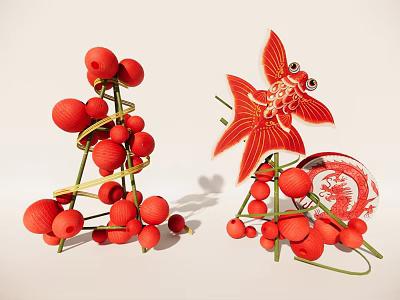 Art Installation with Red Decorative Balls Bamboo Structure and Red Goldfish Shaped Decoration 3d model