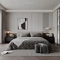 Modern Bedroom Interior With Gray Bedding Abstract Wall Art Nightstands And Glass Door Wardrobe