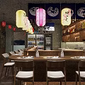 Japanese Restaurant Interior Featuring Red Colored Lanterns Wooden Counter Chairs and Shelves with Tableware