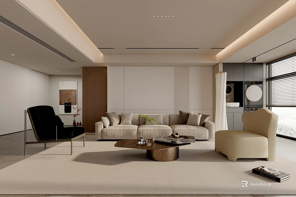 Modern Living Room Interior Design With Beige Sofa Black Beige Chairs Coffee Table And Rug 3d model 