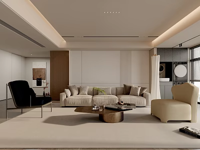Modern Living Room Interior Design With Beige Sofa Black Beige Chairs Coffee Table And Rug 3d model