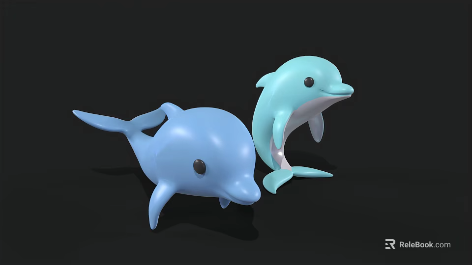 Two Blue And Light Blue Dolphin Toys Standing On Black Background For Aquatic Animal 3d model 