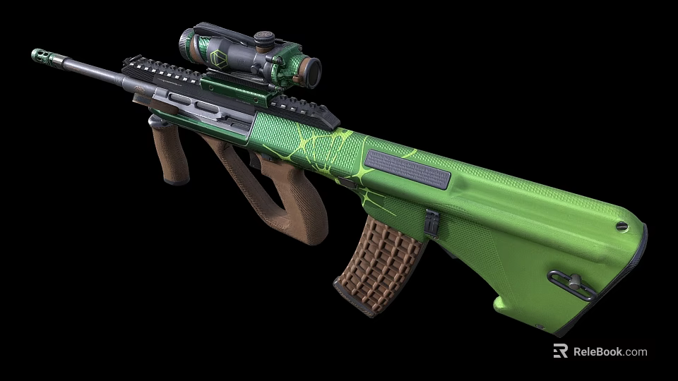 Green Rifle With Scope Yellow Lightning Patterns And Brown Stock Modern Design 3d model 