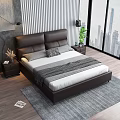 Modern Double Bed With Leather Headboard And City View Through Floor To Ceiling Windows 3d model