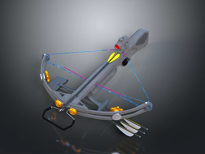 Modern Crossbow With Gray Body Yellow Components Red Indicator Light Blue Pink Strings And Arrows 3d model