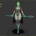 3D Model of Hooded Female Fantasy Character With Red Purple Outfit And Decorative Staff 3d model