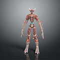 Fantasy Game Movie Character With Horned Head Red White Skin Spiked Joints And Blue Glow