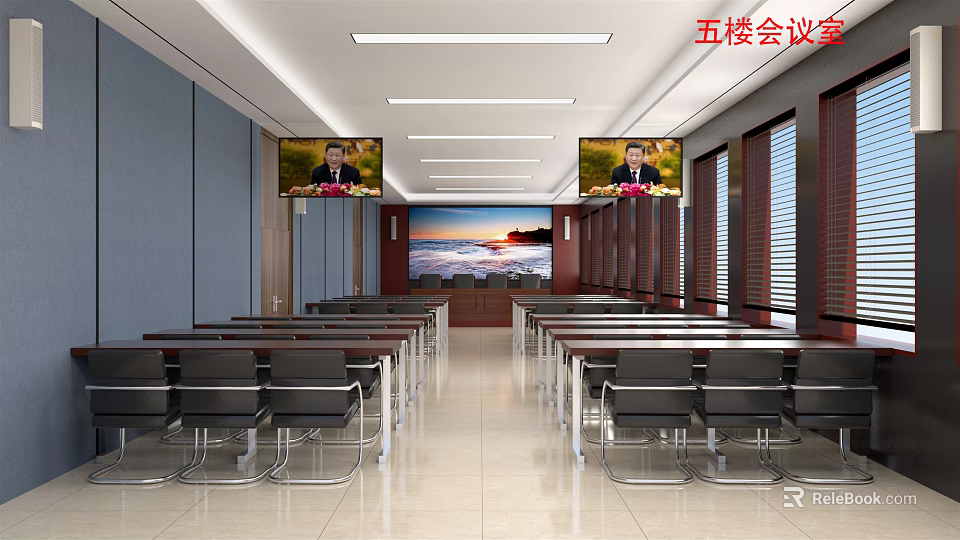 Spacious Conference Room Interior With Long Tables Chairs And Large Screens 3d model 