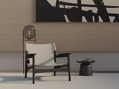 Modern Leisure Chair With Black Frame White Cushion Floor Lamp And Abstract Painting 3d model