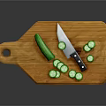 Wooden Cutting Board With Whole Cucumber Knife And Sliced Cucumber