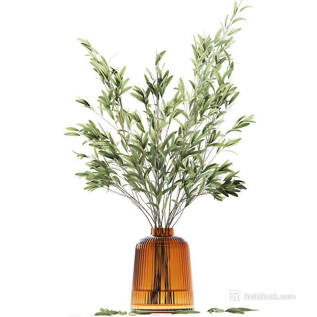 Orange Ribbed Vase With Lush Green Olive Branches For Home Decoration 3d model 