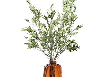 Orange Ribbed Vase With Lush Green Olive Branches For Home Decoration 3d model