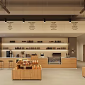 Modern Restaurant Interior Open Space With Wooden Tables Bookshelves And Hanging Lights