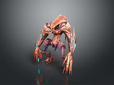 Aggressive Sci Fi Creature with Orange Purple Body Multiple Limbs and Glowing Blue Details 3d model