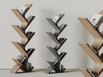Modern Zigzag Design Bookcases With Wooden And Black Shelves Holding Books 3d model