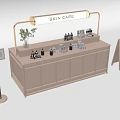 Elegant Beige Display Shelf For Skin Care Products With Green Plant And Signage