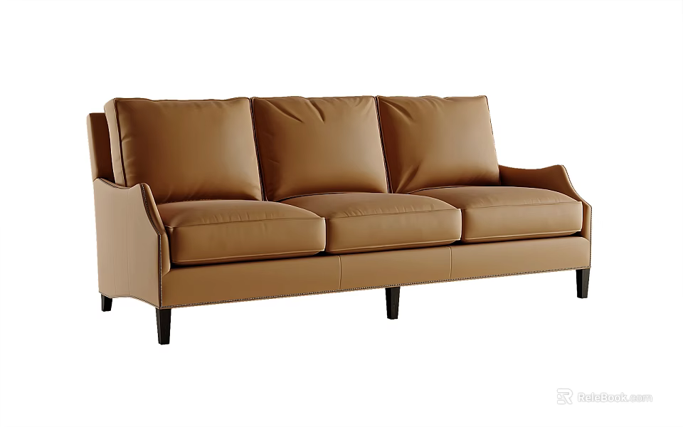 Brown Leather Three Seater Sofa With Modern Black Legs Design 3d model