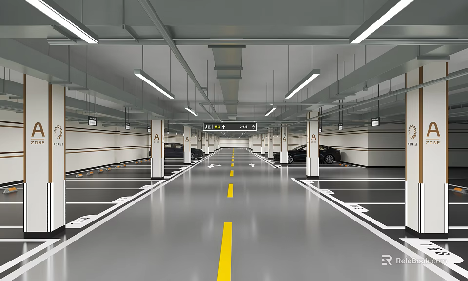 Basement Parking Garage Interior With Markings And Lighting 3d model 