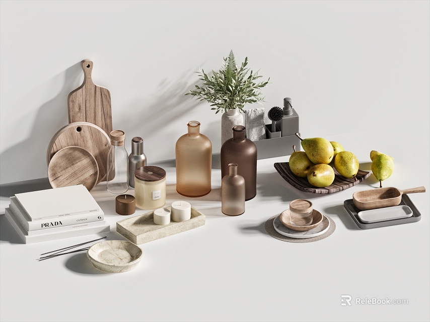 Minimalist Natural Tableware Set With Ceramic Plates Bowls Wooden Cutting Board And Fresh Fruits 3d model 