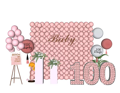 Pink 100 Number Inflatable for Baby 100 Days Celebration with Balloon Wall and Bouquet 3d model