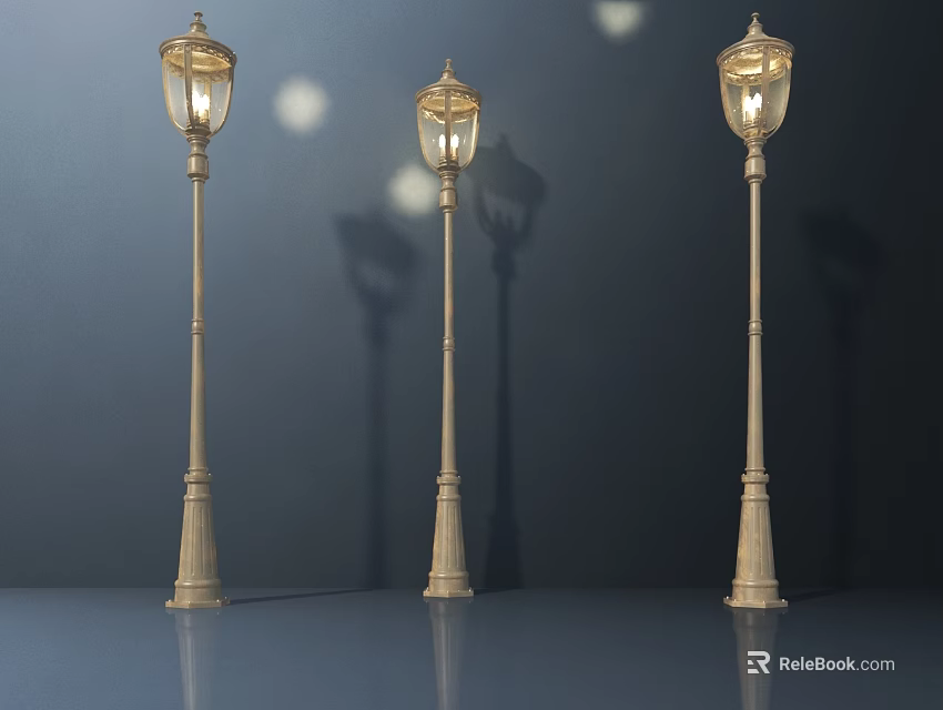 Three Decorative Vintage Outdoor Lamps With Ornate Poles And Warm Illumination 3d model 