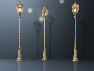 Three Decorative Vintage Outdoor Lamps With Ornate Poles And Warm Illumination 3d model