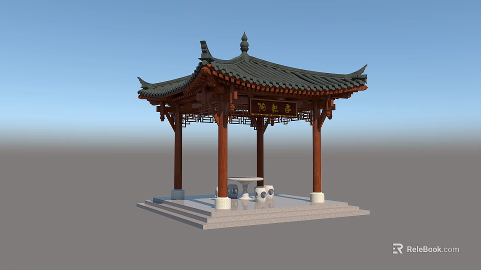 Traditional Chinese Pavilion With Red Pillars Tile Roof Stone Base And Stone Table 3d model 
