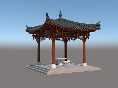 Traditional Chinese Pavilion With Red Pillars Tile Roof Stone Base And Stone Table 3d model