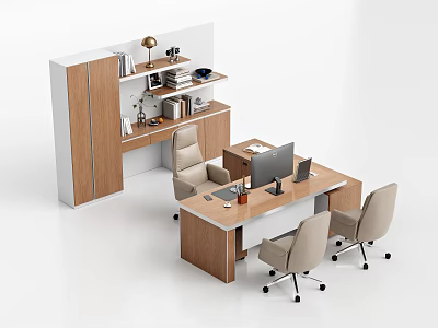 Modern Wooden Office Desk With Computer Office Chairs And Storage Bookshelf 3d model