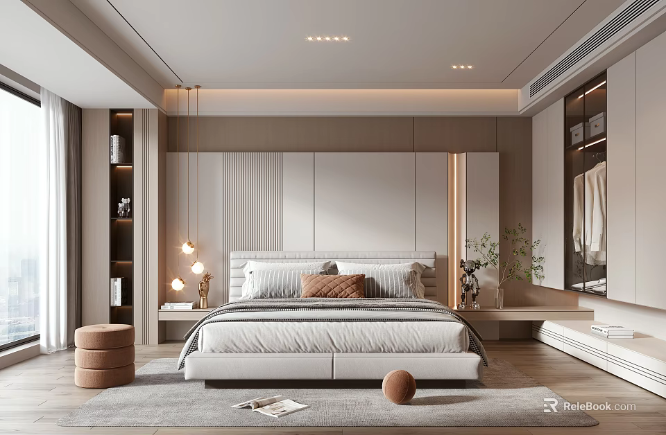 Modern Bedroom Interior Design With Bed Headboard Nightstands Pendant Lights Area Rug And Plants 3d model 