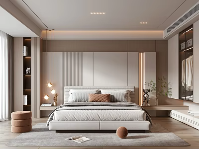 Modern Bedroom Interior Design With Bed Headboard Nightstands Pendant Lights Area Rug And Plants 3d model