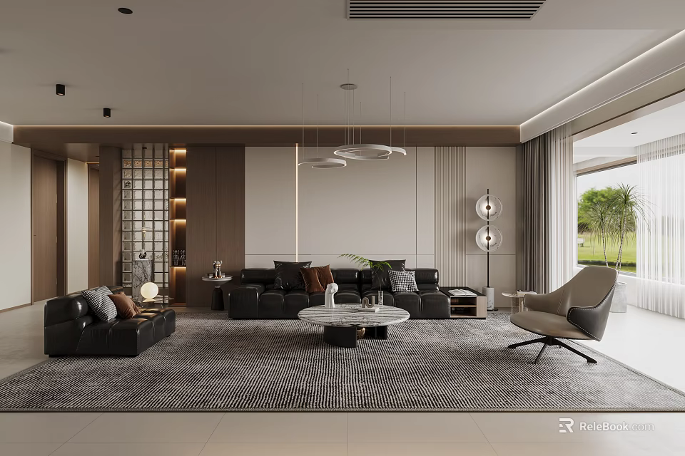 Modern Living Room Interior Design With Black Sofa Coffee Table Pendant Lights And Armchair 3d model 