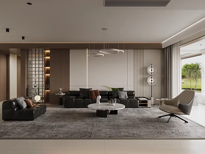 Modern Living Room Interior Design With Black Sofa Coffee Table Pendant Lights And Armchair 3d model