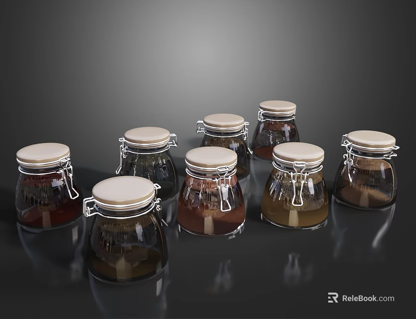 Glass Spice Jars With White Lids Sealed Kitchen Storage Containers Holding Various Condiments 3d model 