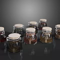 Glass Spice Jars With White Lids Sealed Kitchen Storage Containers Holding Various Condiments 3d model
