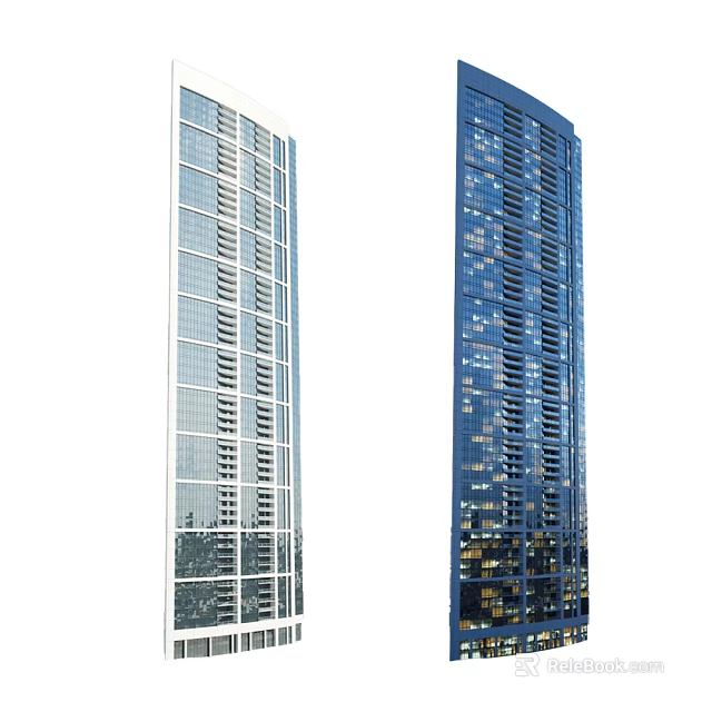 Two Modern Office Buildings With Glass Facades And Illuminated Windows Design 3d model 