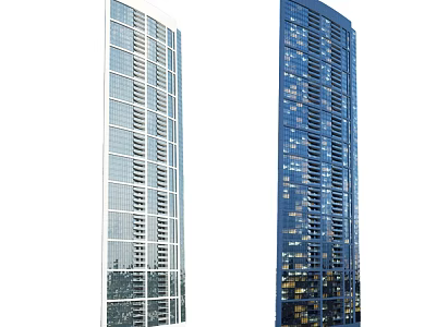 Two Modern Office Buildings With Glass Facades And Illuminated Windows Design 3d model