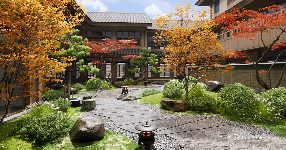 Japanese Courtyard Garden With Stone Path Maple Trees Autumn Leaves Stone Lantern And Greenery 3d model 