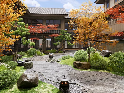 Japanese Courtyard Garden With Stone Path Maple Trees Autumn Leaves Stone Lantern And Greenery 3d model