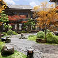 Japanese Courtyard Garden With Stone Path Maple Trees Autumn Leaves Stone Lantern And Greenery
